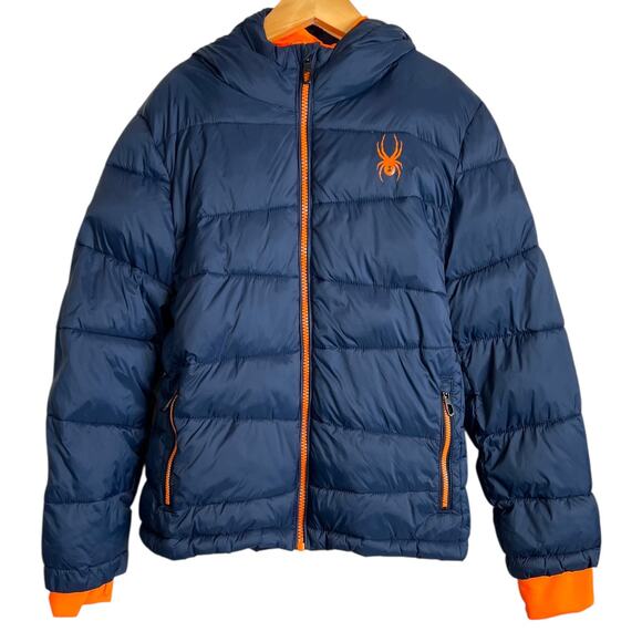 SPYDER Hooded Puffer Jacket in Blue & Orange Boys Winter Coat Size 7/8 Youth - Picture 1 of 10